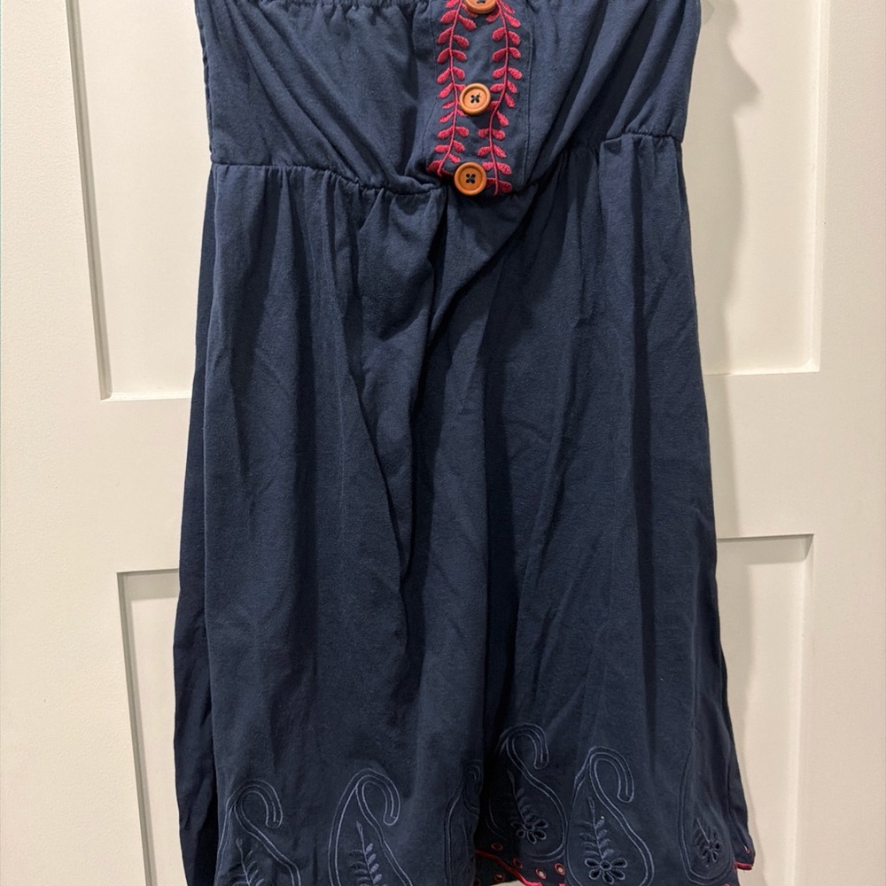 Rewind Navy eyelet Aztec maxi strapless dress Embroidery boho chic feminist S